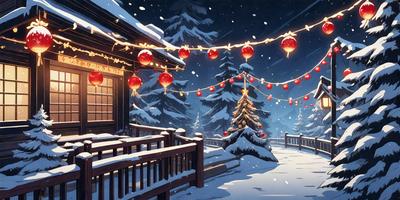 The primary subject of the image is a Christmas tree, which is decorated with ornaments and lights. The setting is a snowy environment, with a house in the background. The visual style is a digital art or illustration, creating a festive and cozy atmosphere. The dominant colors are red, white, and green, representing the traditional Christmas colors.